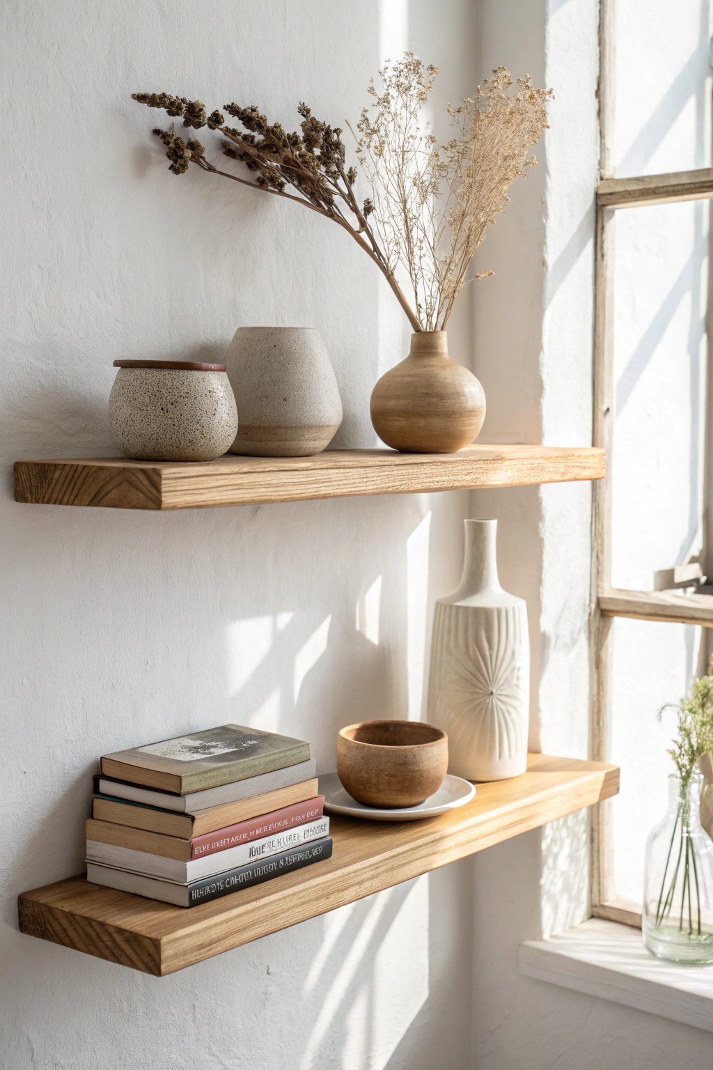 Elevate your walls with simple floating shelves styled with artisan treasures.