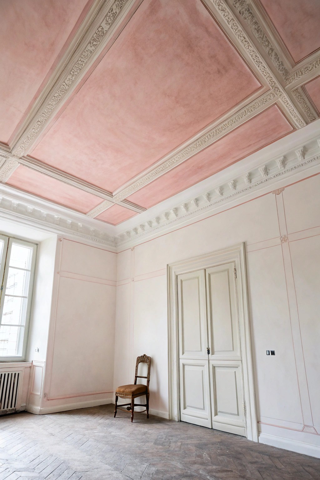 Let your ceiling steal the show—embrace blush tones for a cozy, handcrafted look.