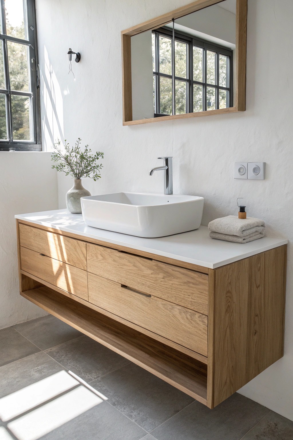 Effortless elegance: a minimalist floating vanity for your serene white bathroom.