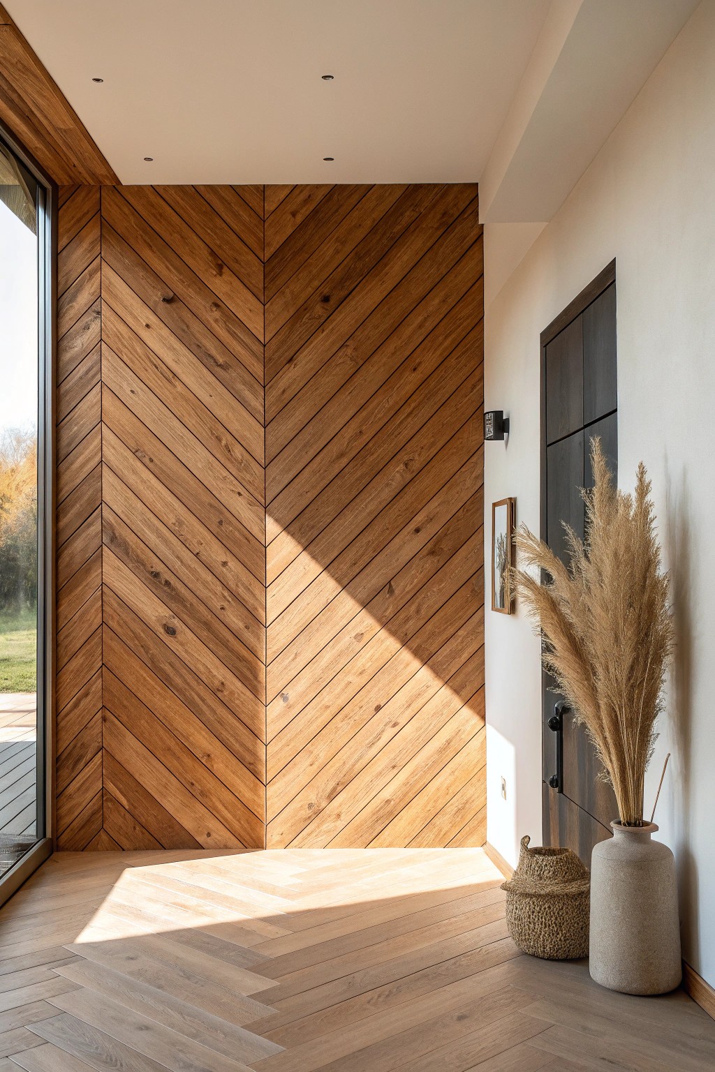Elevate your space with the timeless beauty of diagonal wood planks.