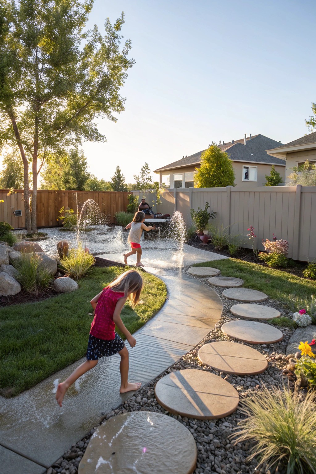 A mini splash zone offers cool fun and a pinch of backyard serenity.