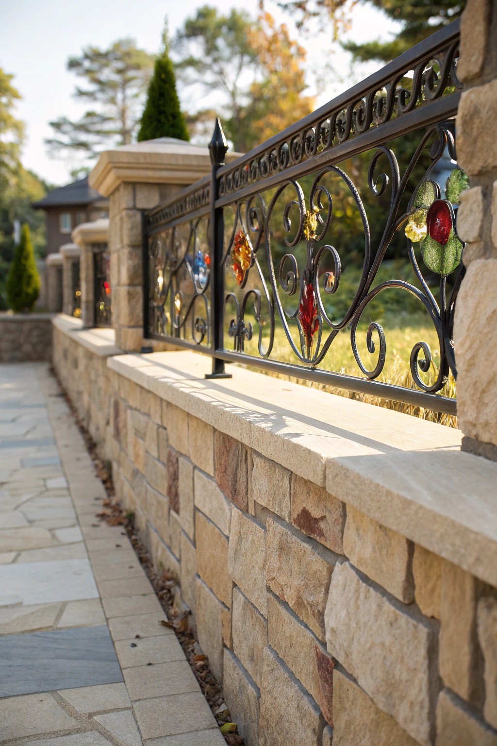 Artful privacy: A handcrafted stone wall with sparkling glass inlays brings beauty and seclusion to your backyard.