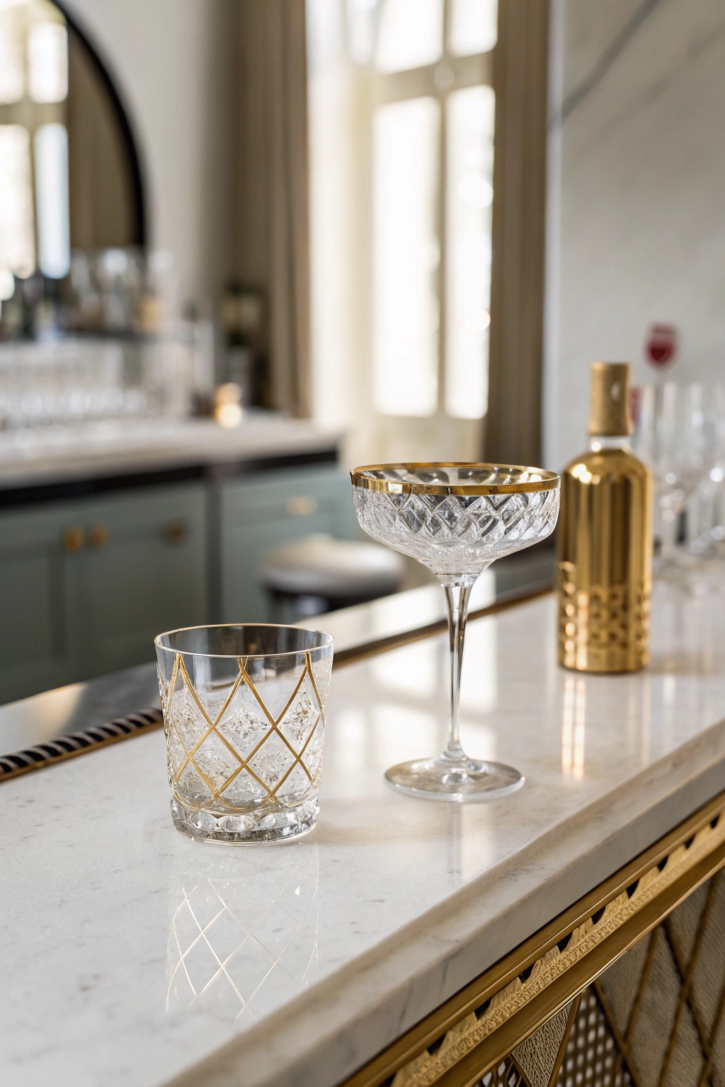 Reflective beauty: a mirrored bar top for timeless elegance.