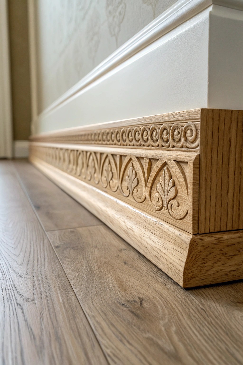 Elevate your space with artfully carved baseboard trim—where subtle craftsmanship meets natural beauty.