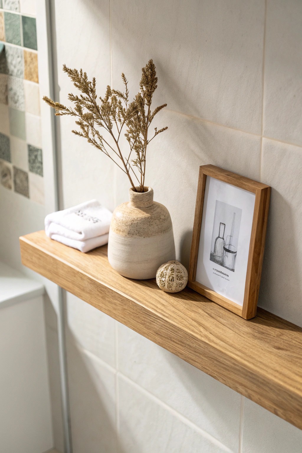 Curated simplicity: a floating shelf elevates bathroom art with handcrafted beauty.