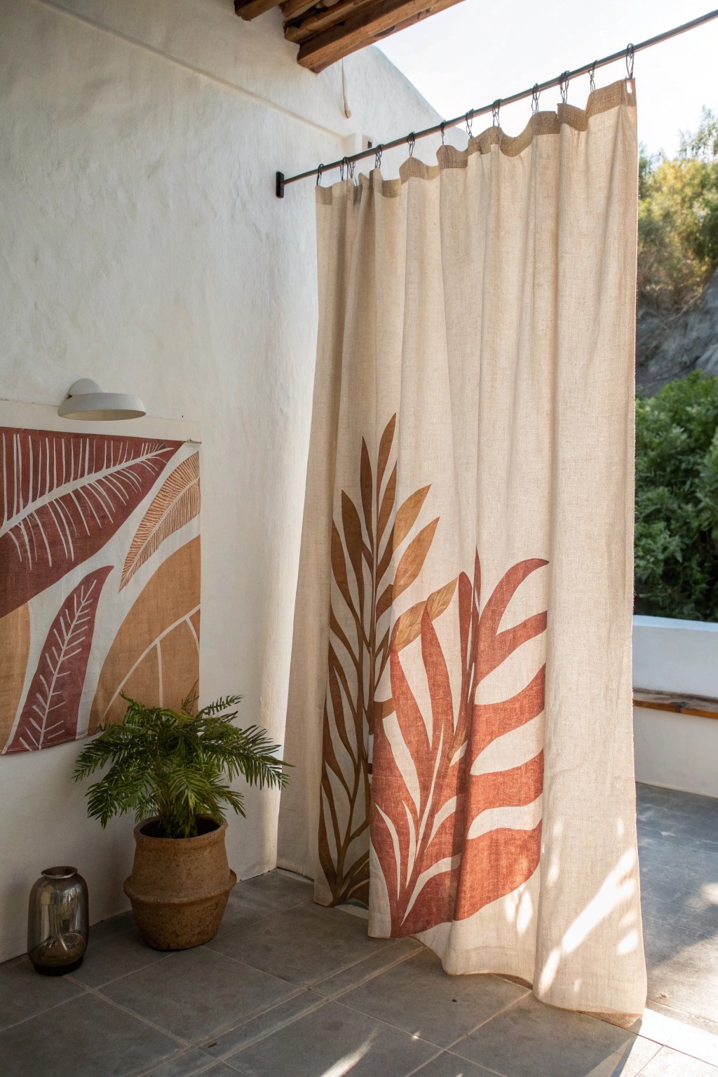 Turn your bathroom curtain into a statement art piece with bold, handcrafted designs.