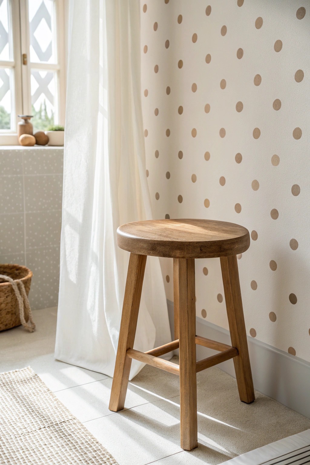 Timeless charm: playful polka dots meet natural wood for a fresh bathroom look.