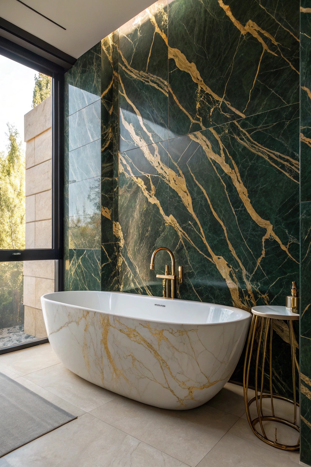 Elevate your bath with striking veined tiles for a touch of artistic luxury.