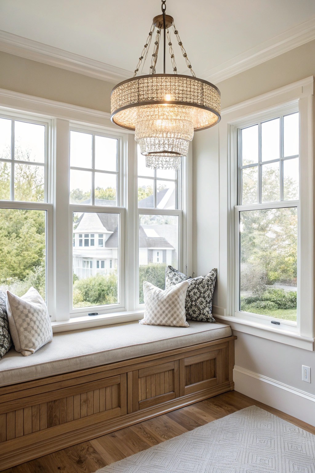 Elevate your bay window with a stunning chandelier for effortless elegance.