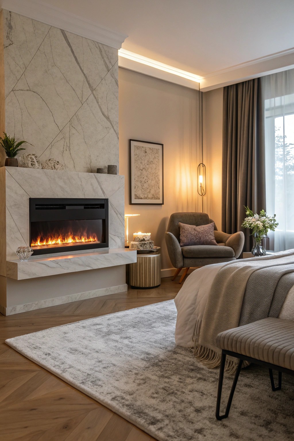 A fireplace instantly turns the bedroom into a romantic hideaway.