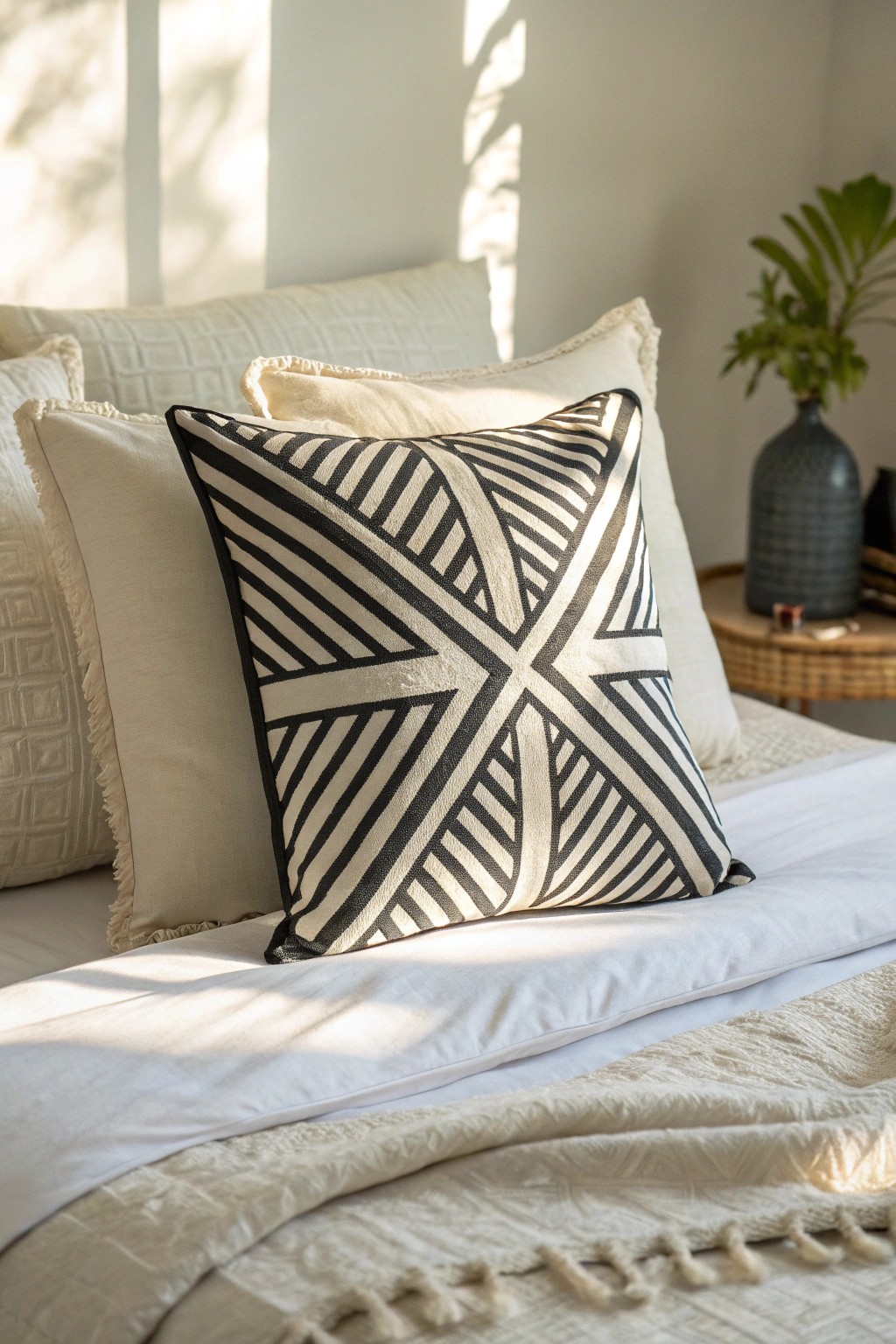 Elevate your bedroom with a statement pillow—bold patterns meet natural simplicity.