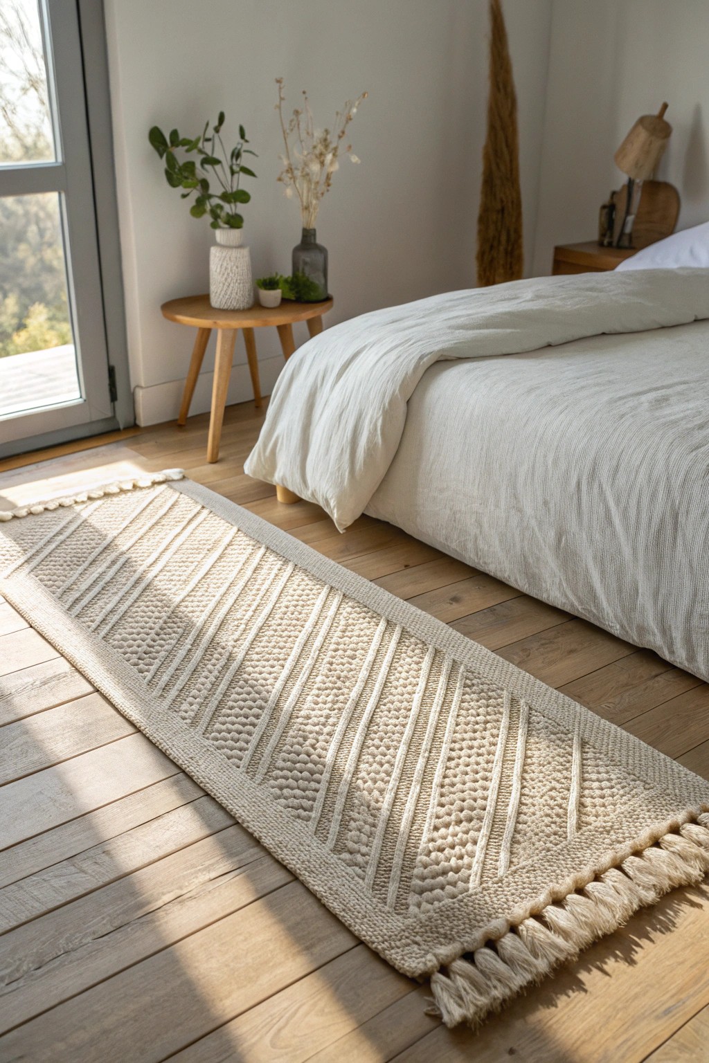 Elevate your bedroom with a handcrafted runner rug—where simplicity meets artisan charm.