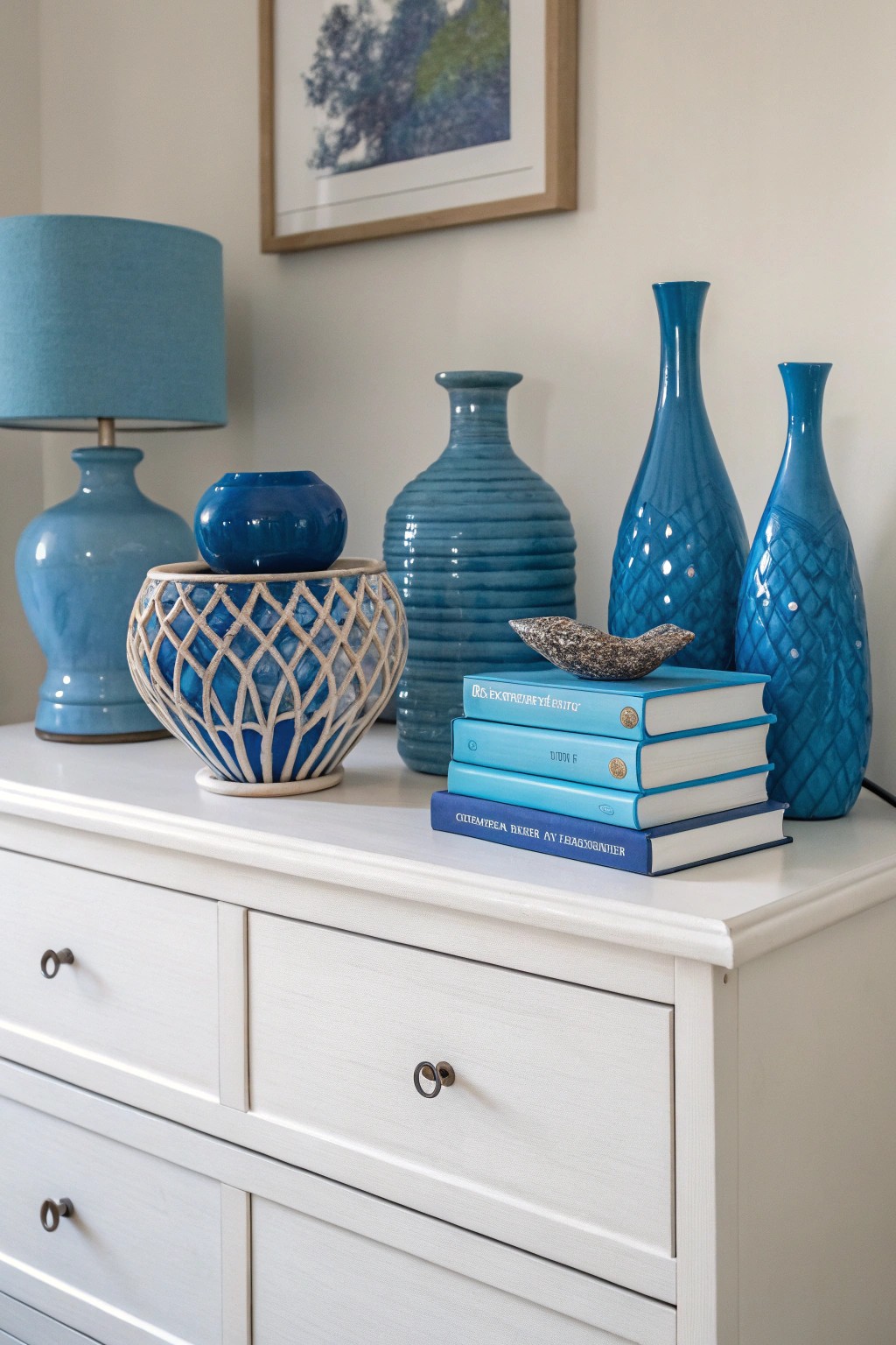 Curated blue objects add personality and thoughtful detail to the space.