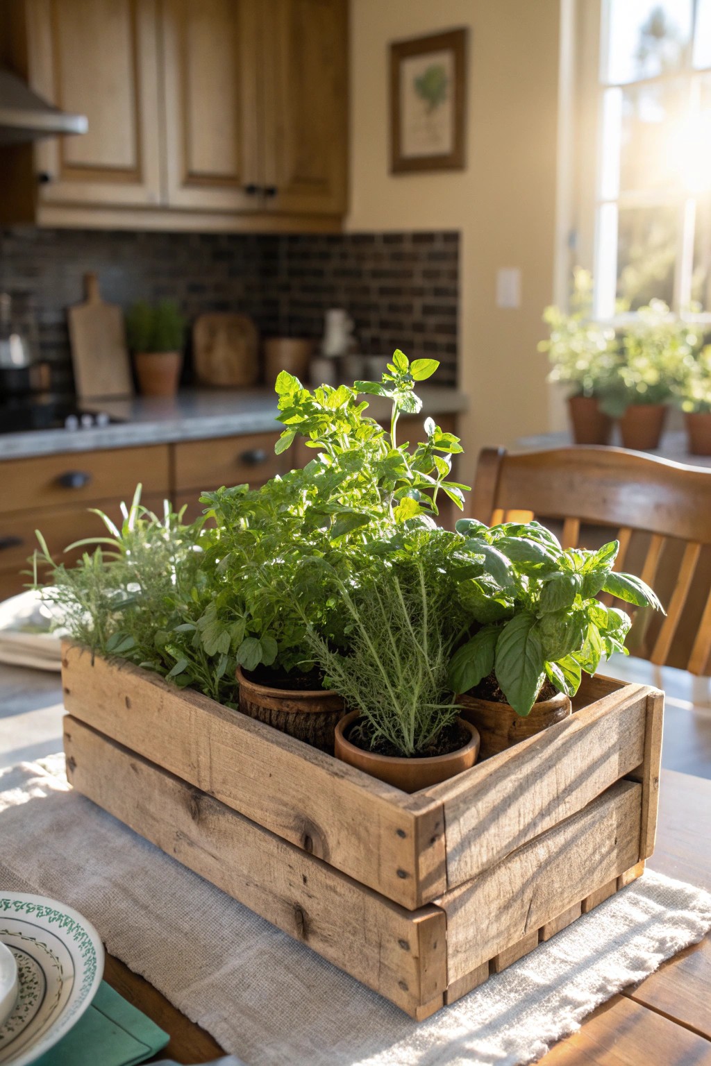 A mini herb garden centerpiece offers fragrance, greenery, and culinary delight.