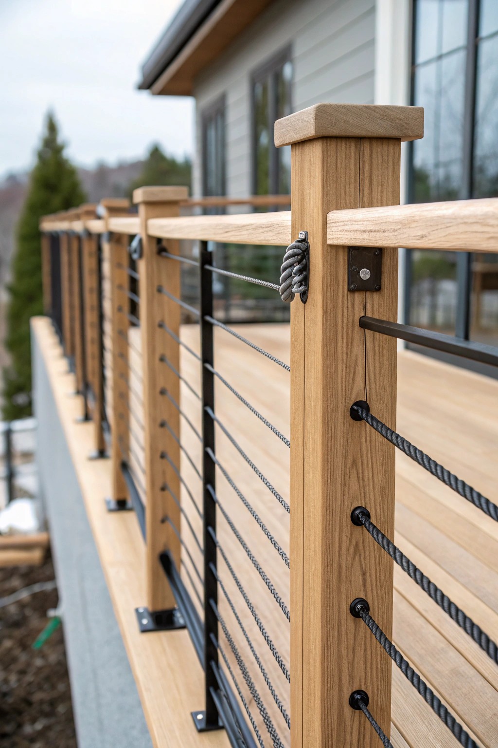 Elevate your deck with a creative blend of wood, metal, and rope for an effortlessly eclectic look.