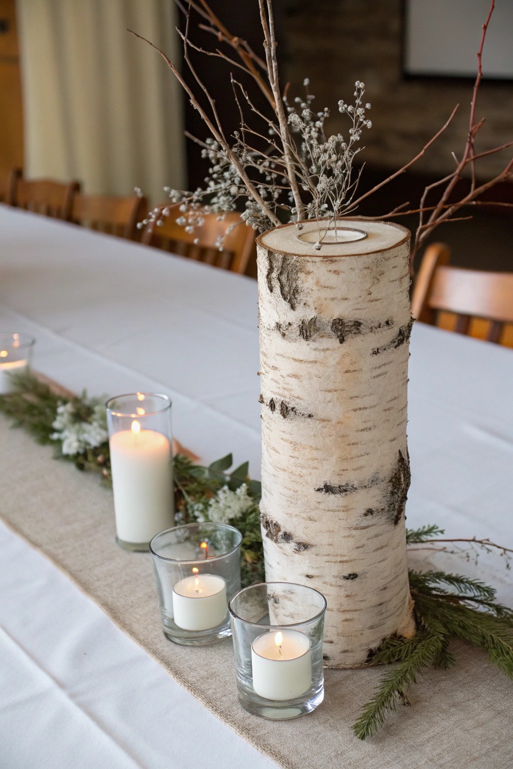 Bring winter’s charm to your table with a birch log and snowy branch centerpiece.