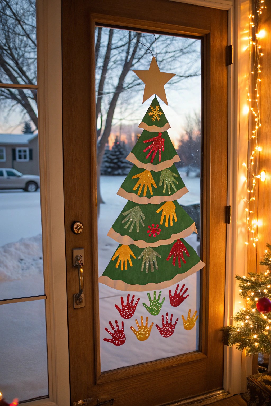 A handprint tree door decor celebrates togetherness and creativity.