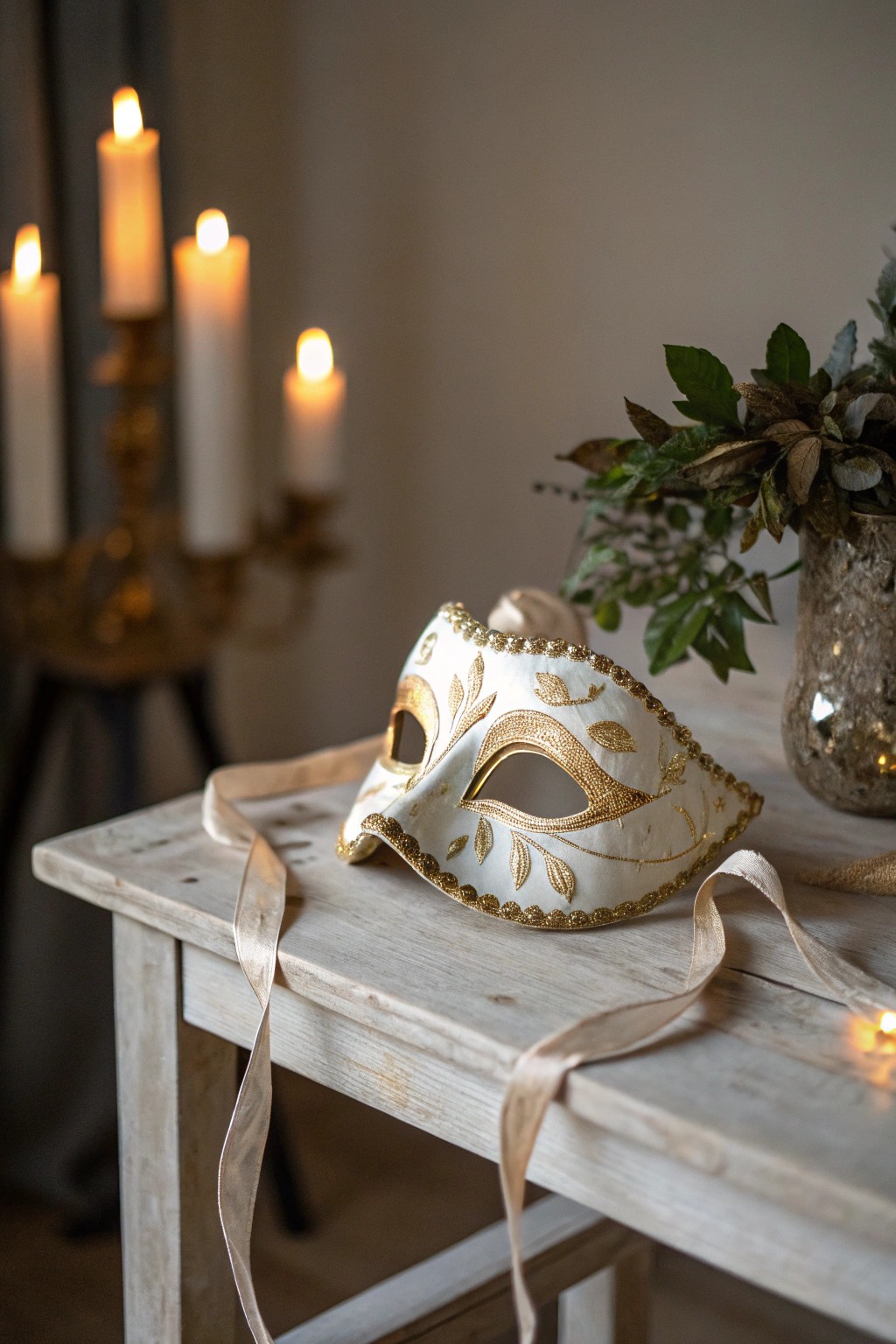 A touch of mystery: Celebrate Christmas with a handcrafted masquerade mask beneath the mistletoe.