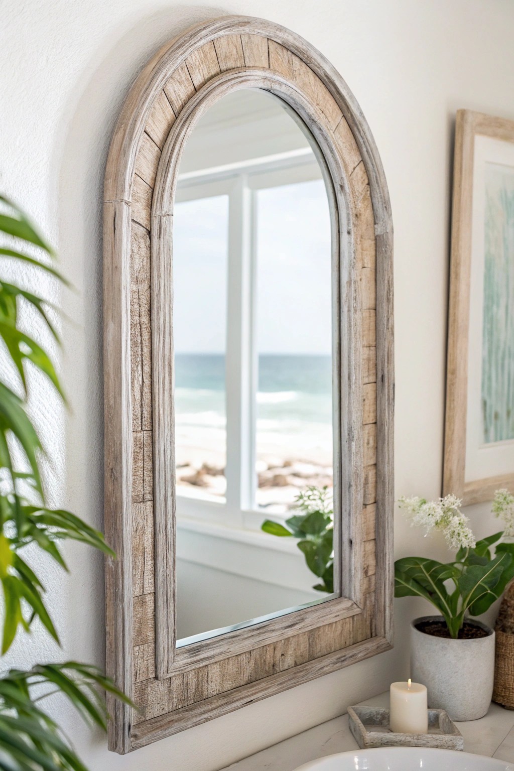 Bring coastal calm to your bathroom with a beautifully crafted arched mirror.