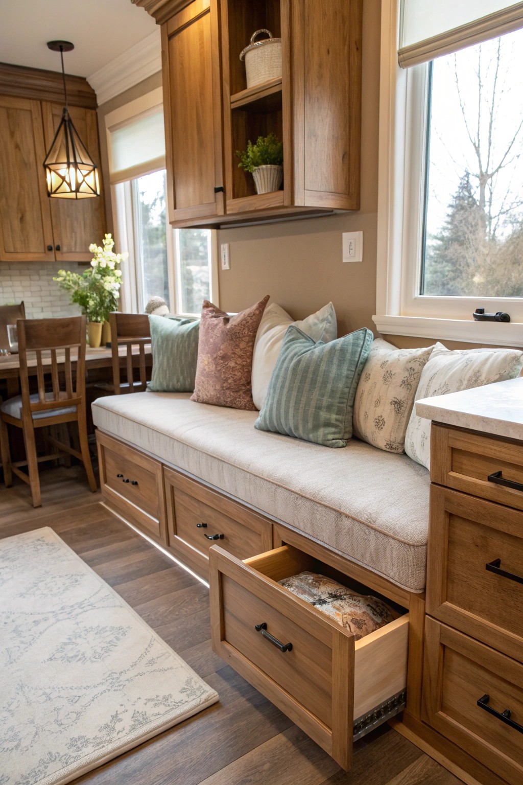 A banquette with storage turns a corner into a cozy, multifunctional gathering spot.