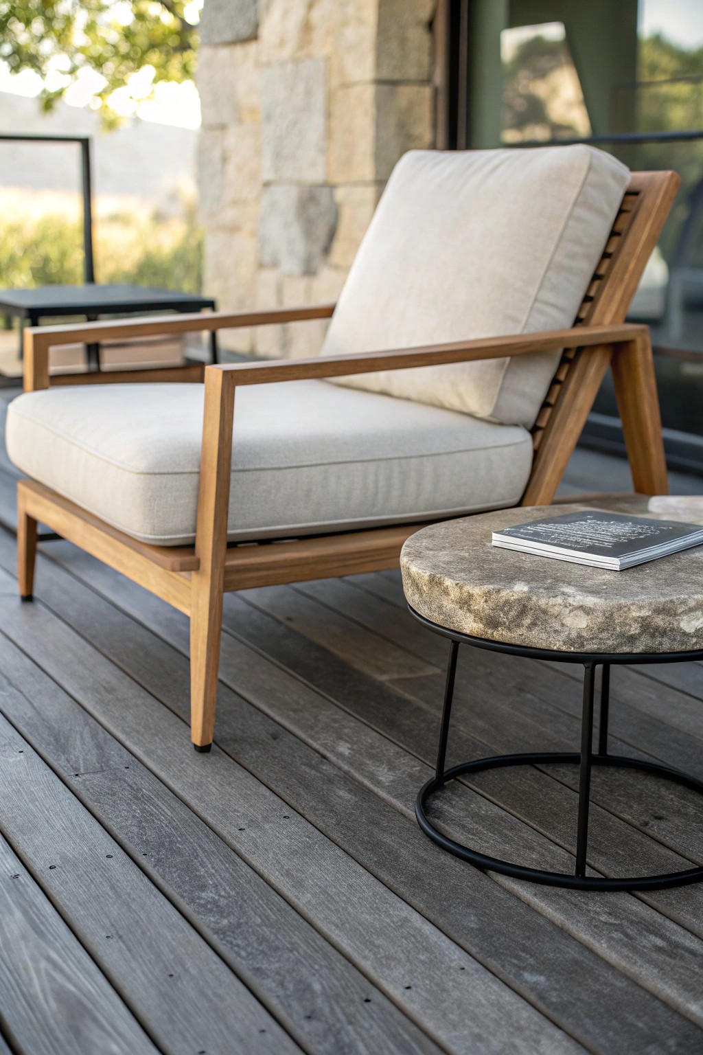 Layered textures: Wood, stone, and metal unite for a timeless deck statement.
