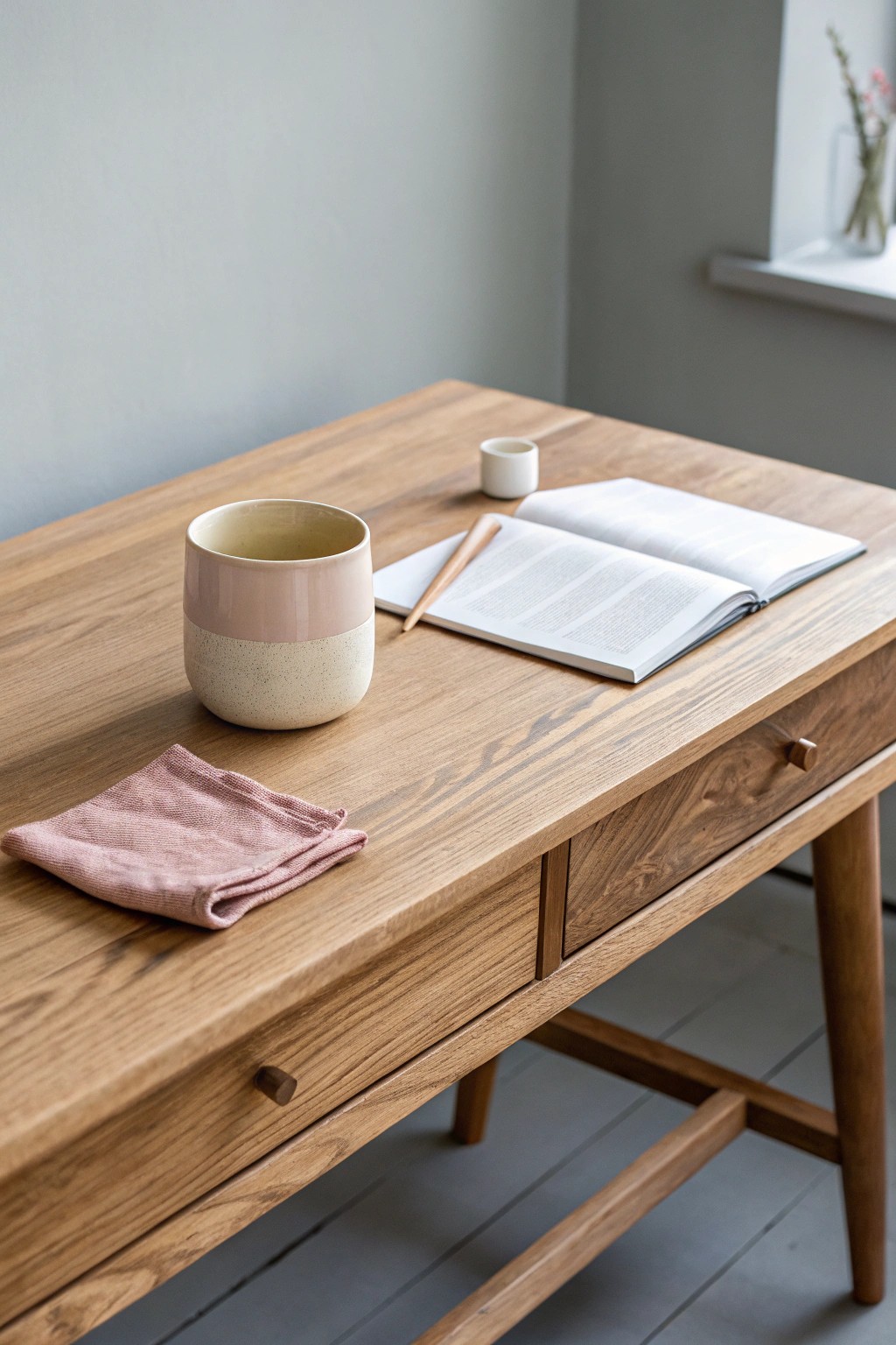 Serene simplicity: a handcrafted desk and cup in calming neutrals, perfect for focused creativity.