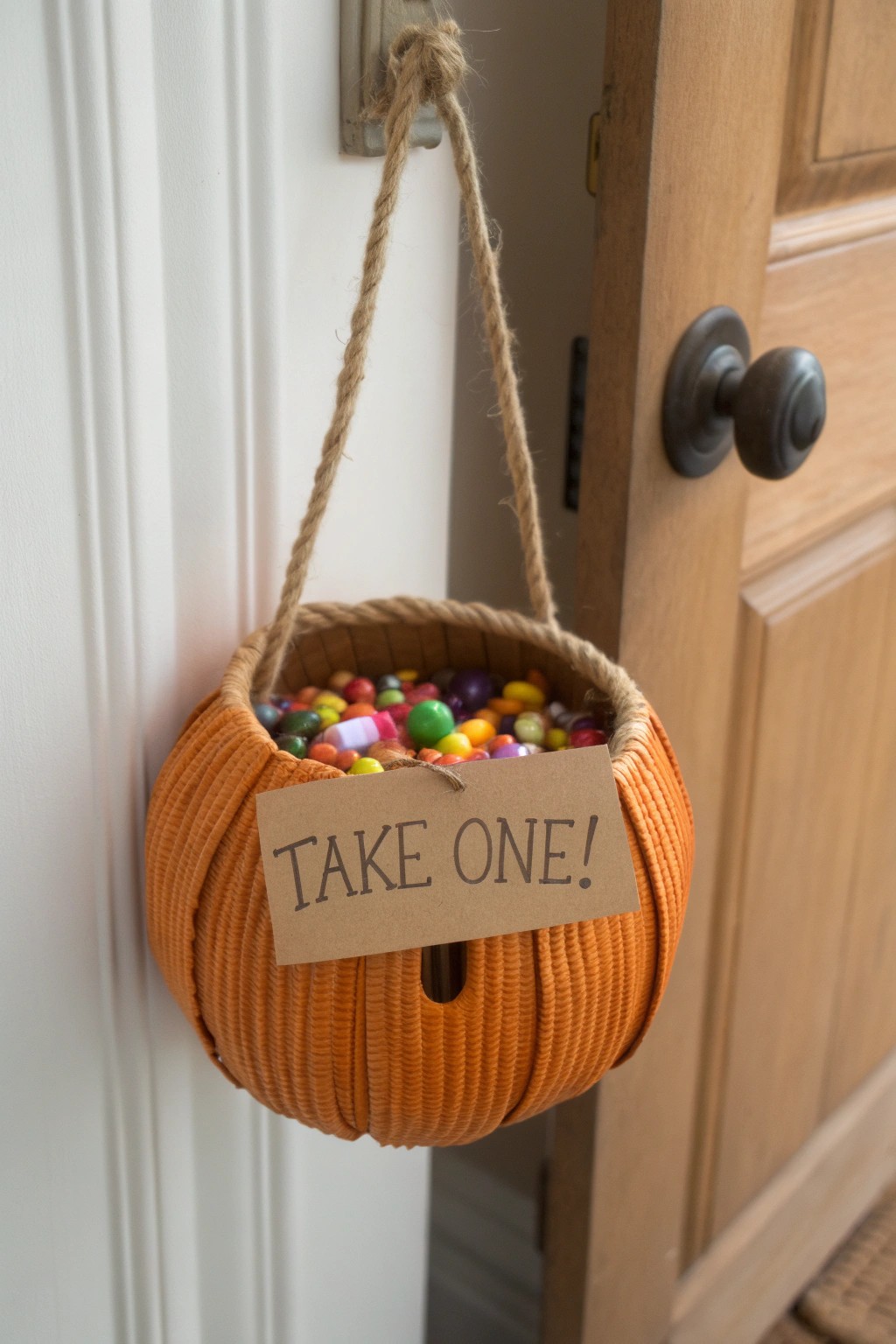 Charming pumpkin candy hanger: a simple, welcoming Halloween treat for every trick-or-treater.