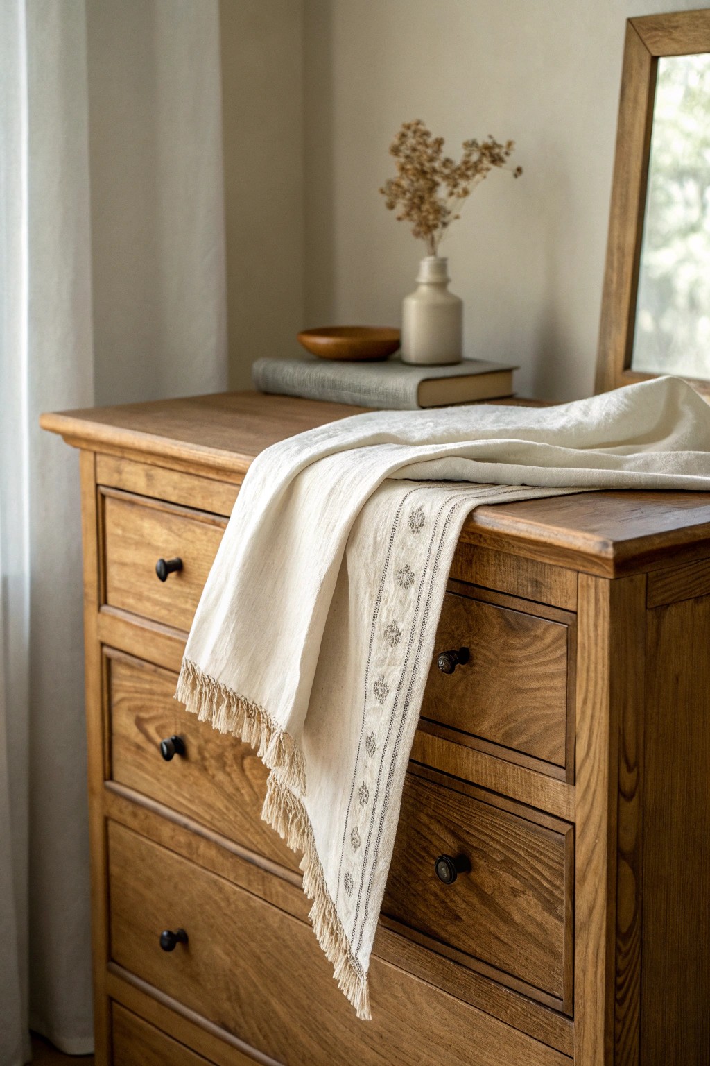 Add softness and texture: Layer your dresser with a vintage linen runner for timeless charm.