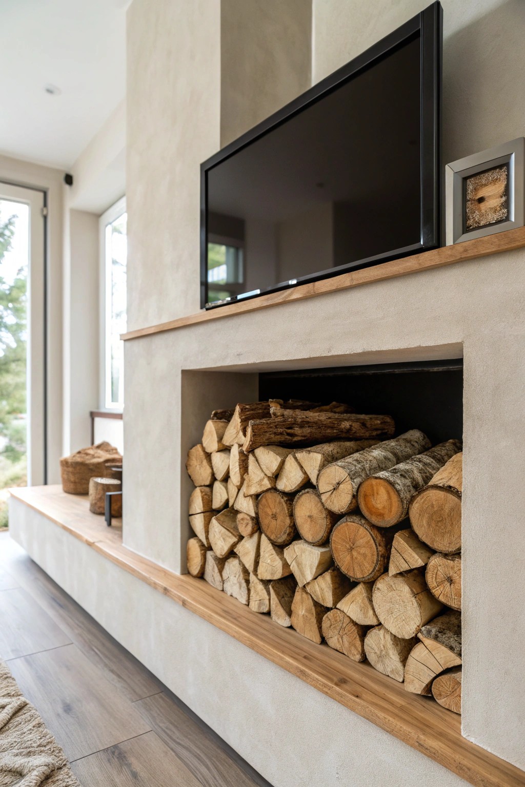 Elevate your living room with organic built-in firewood storage—where function meets natural beauty.