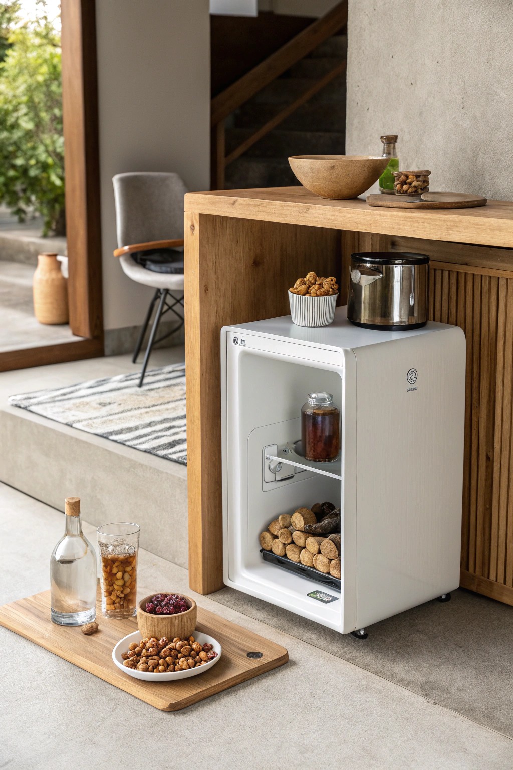 Sleek mini-fridge and artisan snack bar—your man cave, reimagined.