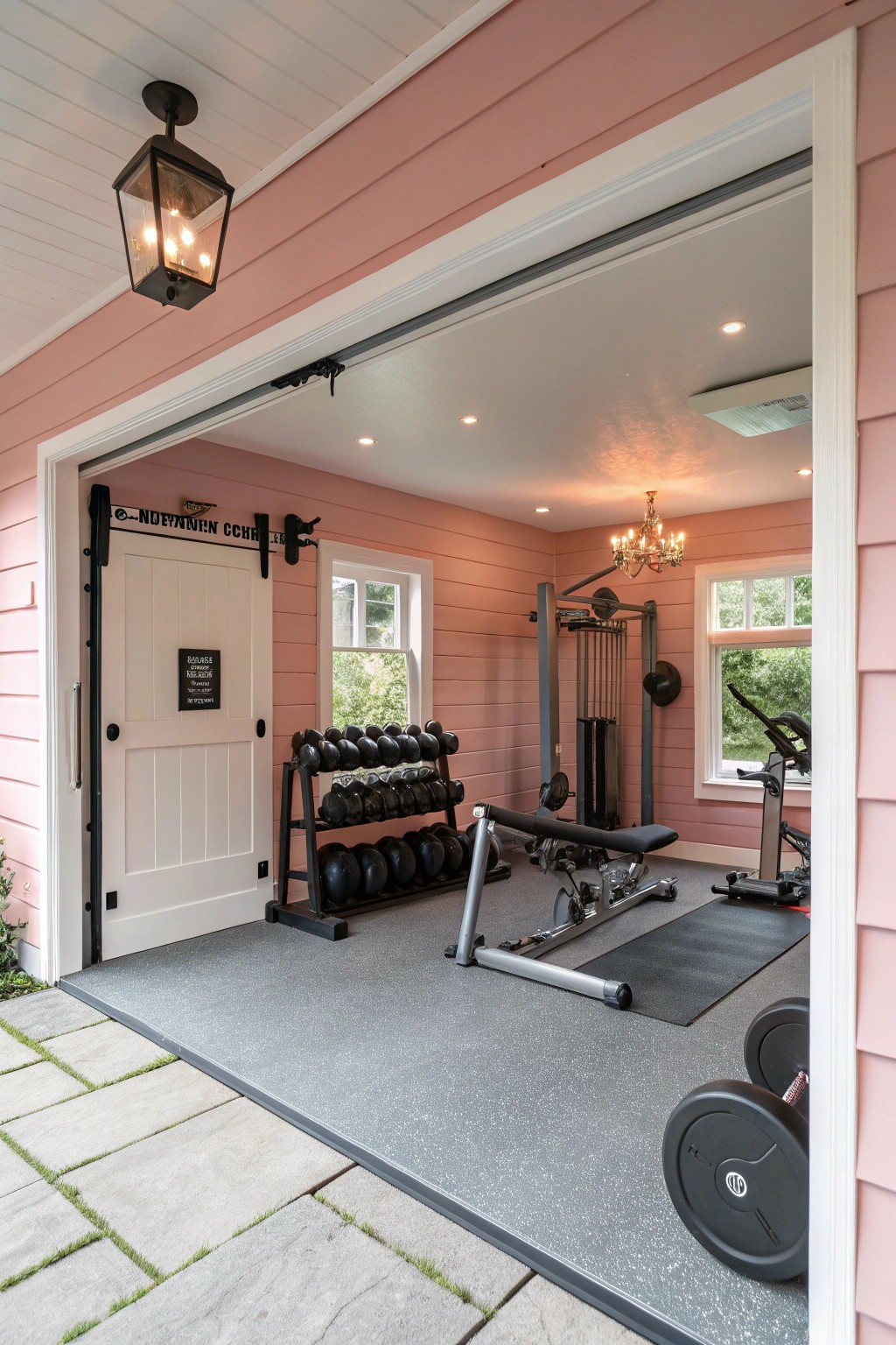Blush tones transform a garage into a welcoming, versatile retreat.