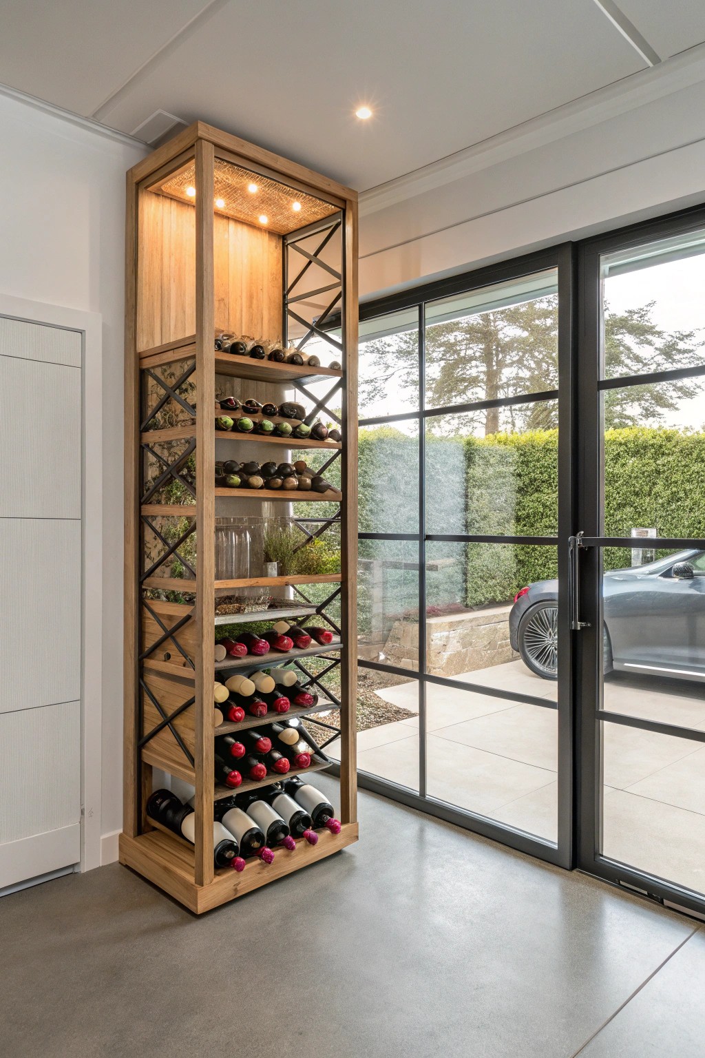 Transform your garage with a stunning, glass-enclosed wine cellar—where simplicity meets sophistication.