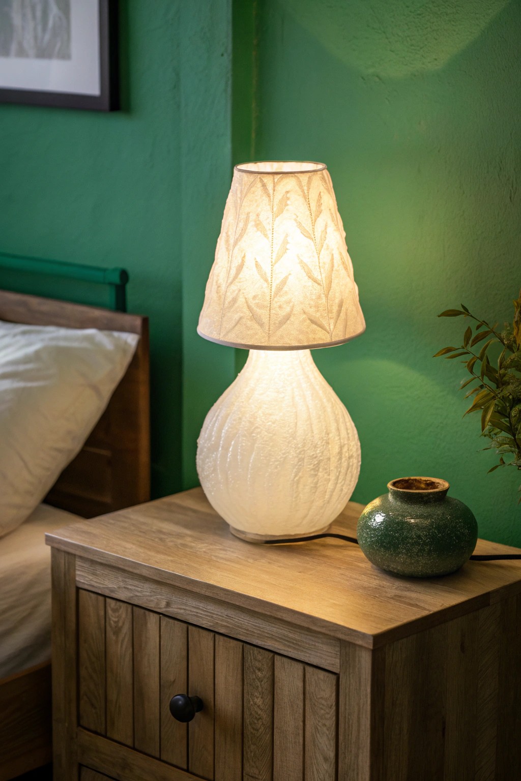 Let soft lighting enhance the depth of green for a tranquil, handcrafted bedroom feel.
