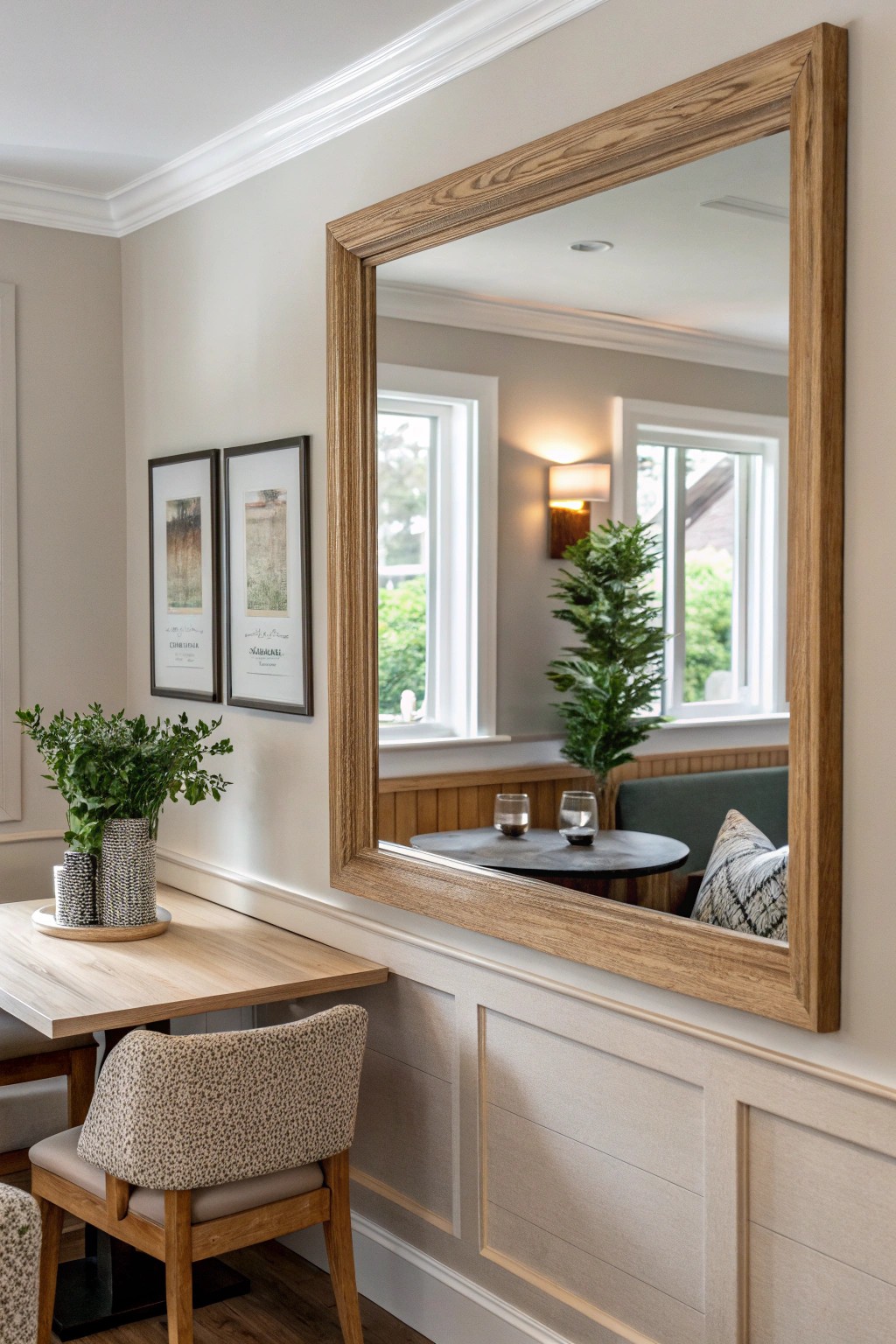 Add instant glam and brightness with mirrored half wall panels—perfect for cozy, light-filled spaces.