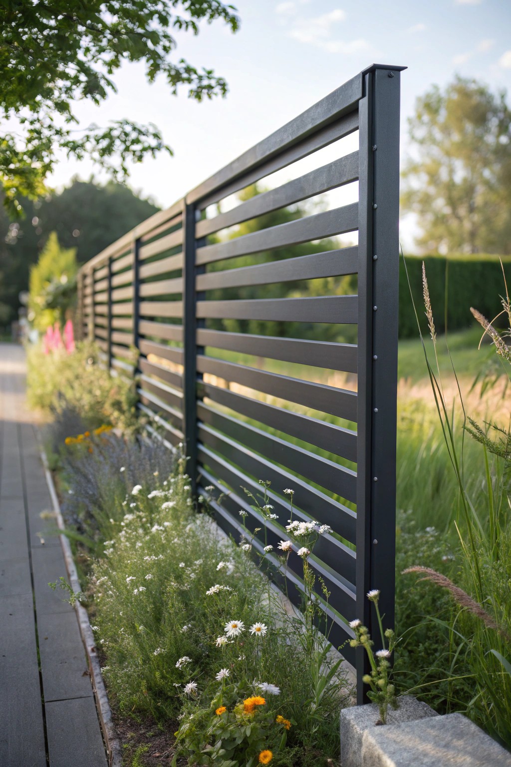 Sleek horizontal metal fencing—where modern design meets low-maintenance beauty.