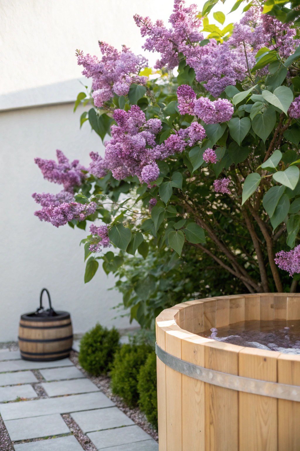 Blooming lilac hedge: natural beauty and privacy for your hot tub retreat.