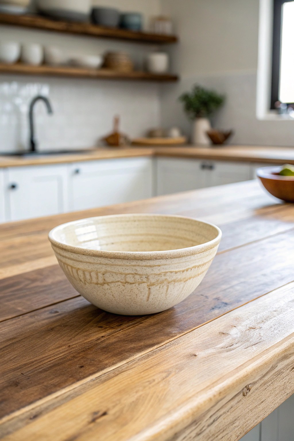 A single artisan bowl brings calm beauty to a minimal kitchen island.