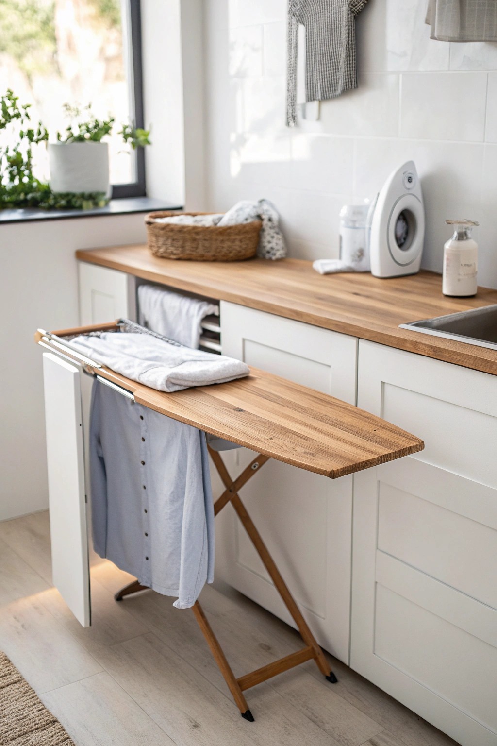 Effortless elegance: a pull-out ironing board blends beauty and function in your laundry space.