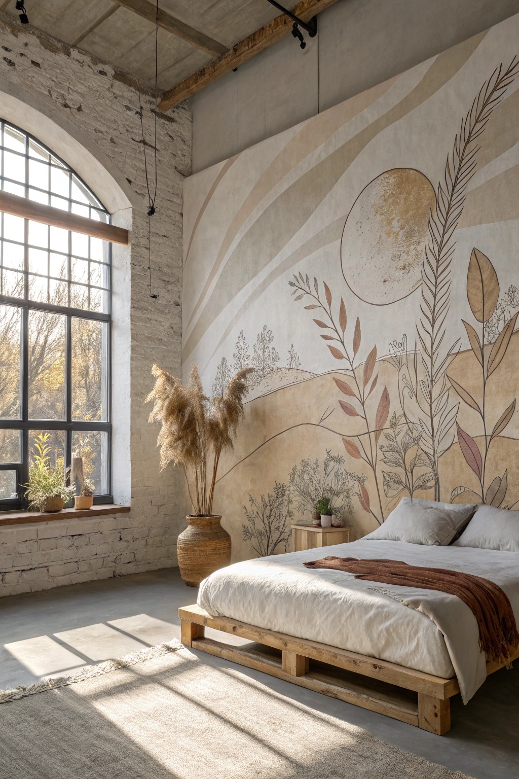 Elevate your loft bedroom with a statement mural that brings natural beauty and soulful craftsmanship to your space.