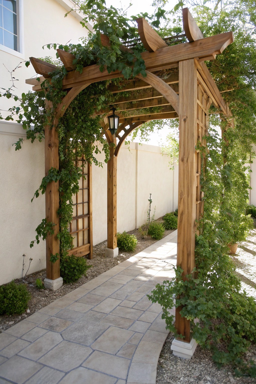 Effortless elegance: a pergola archway with thriving, low-maintenance vines for a secret garden feel.