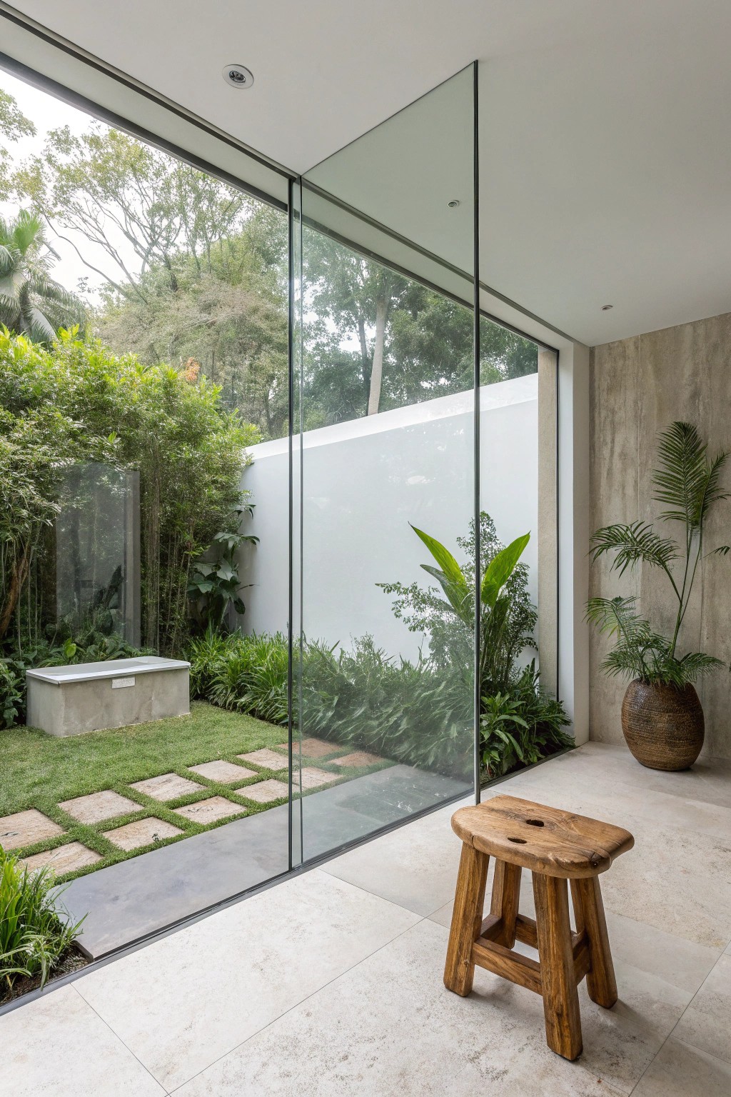 Seamless indoor-outdoor luxury: a glass wall brings nature into your master bath sanctuary.