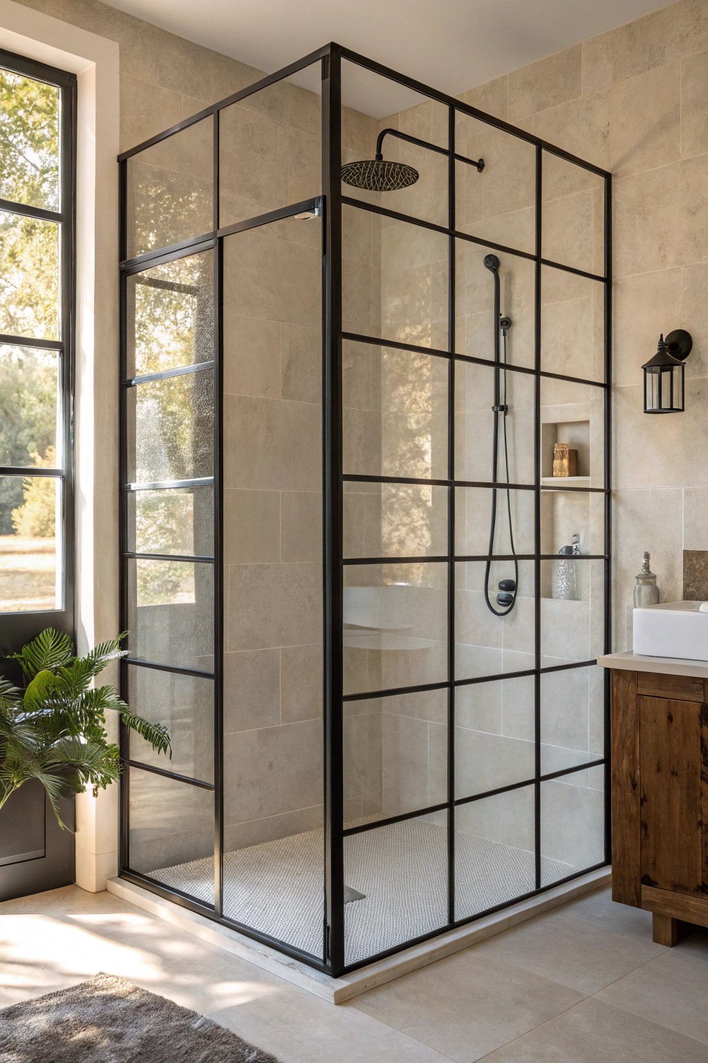 Elevate your master bath with timeless industrial chic: metal-framed glass for a bold, beautiful statement.