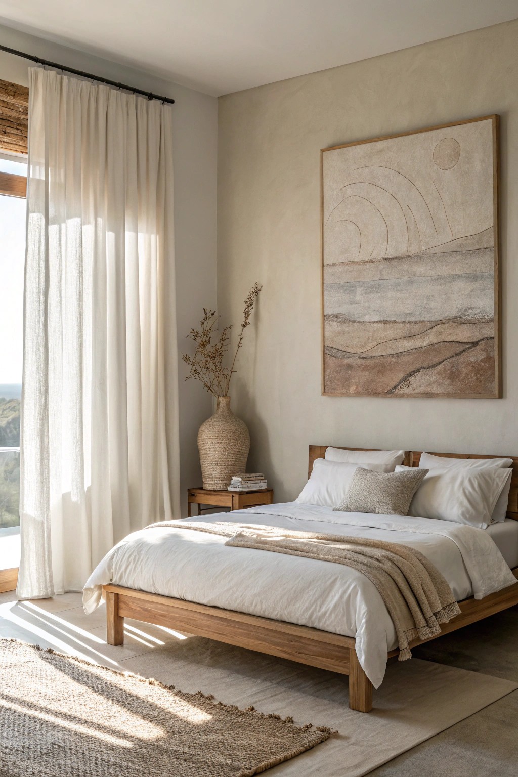 Elevate your minimalist bedroom with a single, statement art piece.