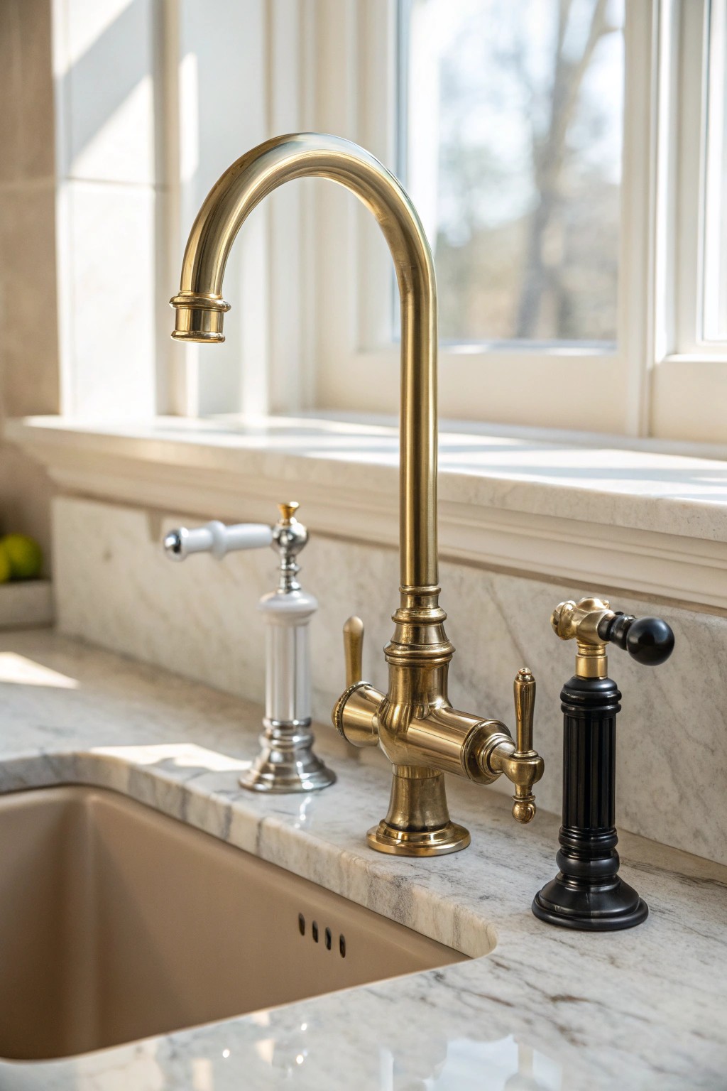Layered metals, luminous glow: the art of mixing finishes in a modern coastal kitchen.