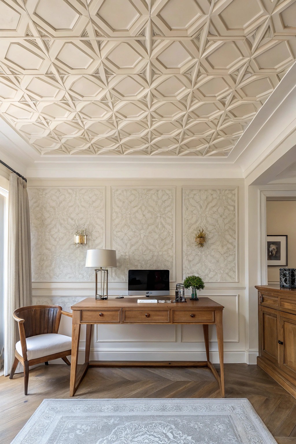 Elevate your workspace with a ceiling that surprises—artful patterns meet handcrafted simplicity.