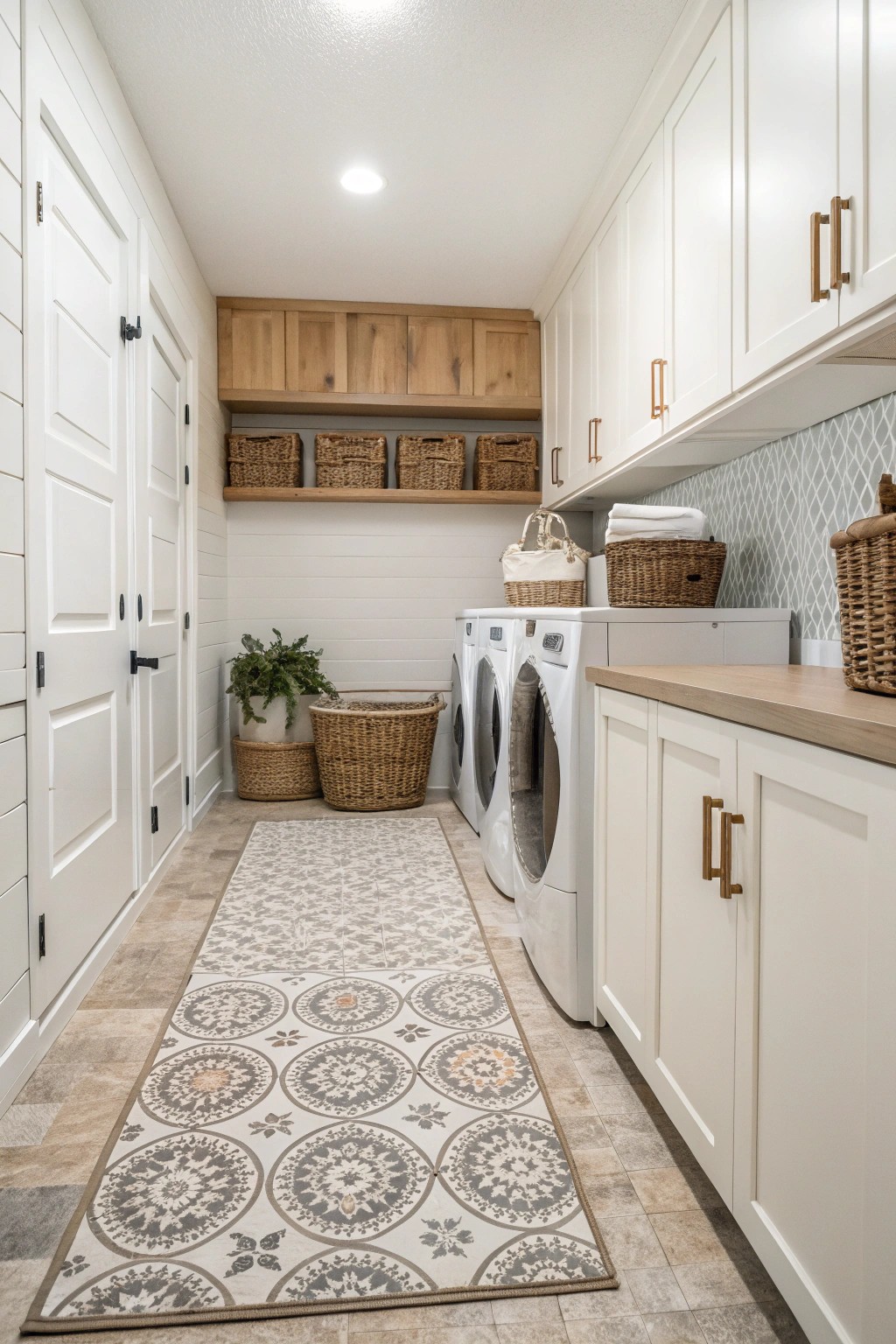 A cozy rug anchors the laundry room and provides a soft landing for busy feet.
