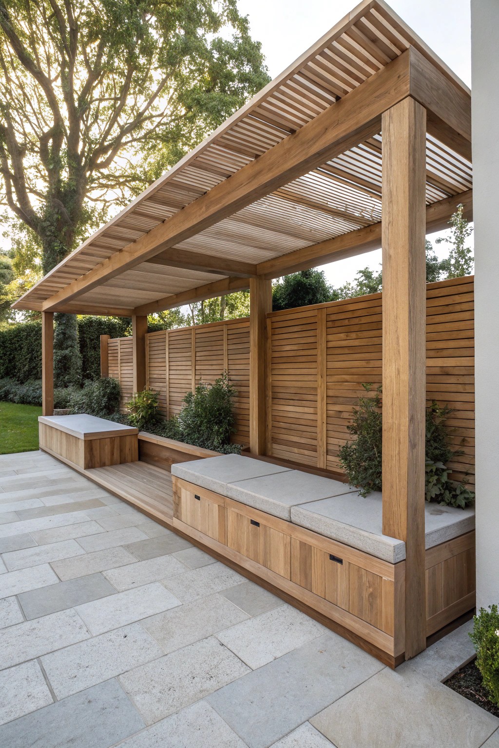 Modern pergola perfection: built-in benches blend style and smart storage.