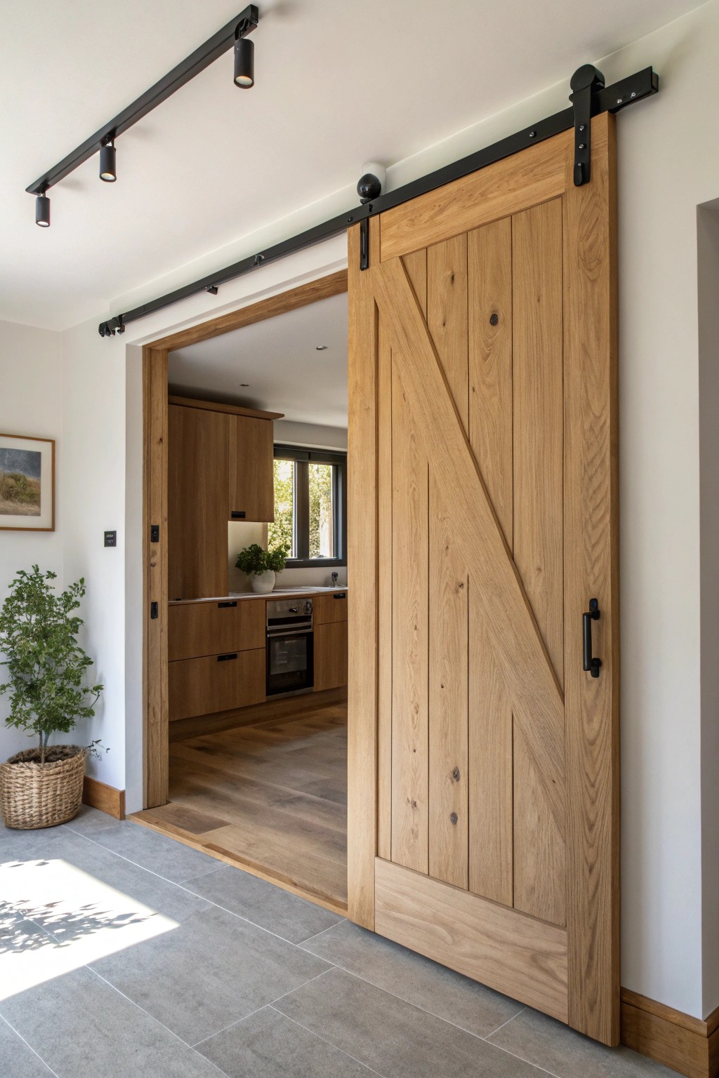 Effortless elegance: a sliding door brings style and space to modern small kitchens.