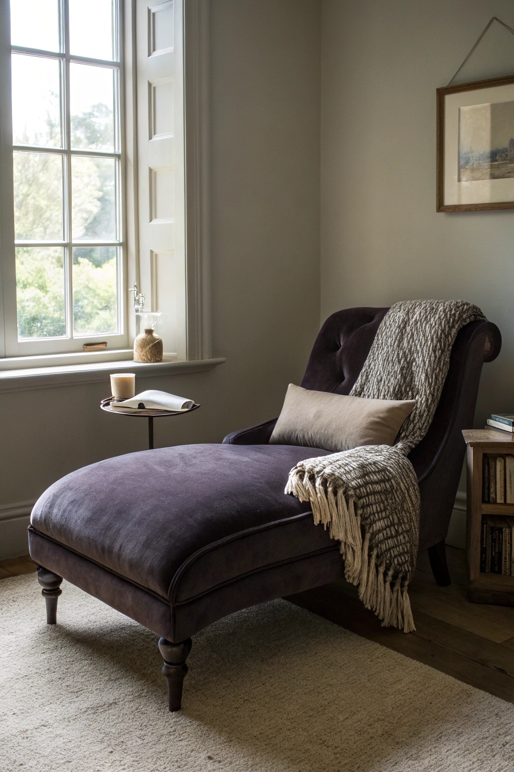 Create a moody bedroom retreat with a sculptural velvet chaise—your personal nook for relaxation.