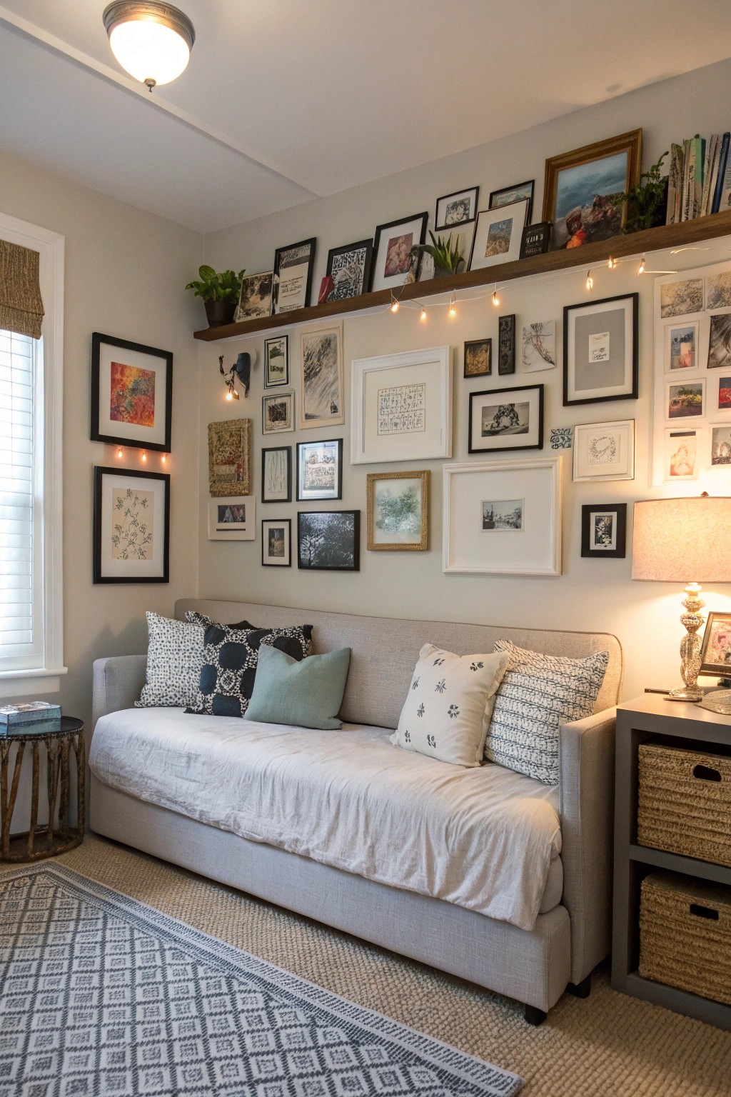 A gallery wall infuses the space with warmth and personal stories.